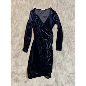 GUBERRY Women's Large Velvet Wrap V-neck Dress Navy Blue Long Sleeve